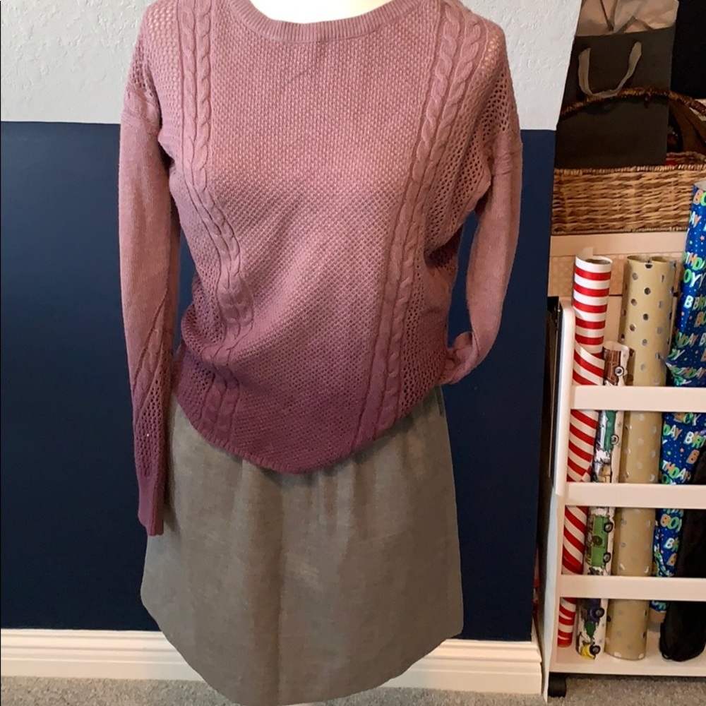 AE Plum sweater & J. Crew Grey Skirt